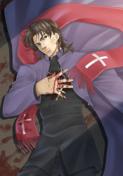 Rule 34 | 1boy, blood, brown eyes, brown hair, cassock, cheekbones, cross, cross necklace, fate/stay night, fate (series), jewelry, kotomine kirei, long coat, male focus, necklace, sayakajou, scarf, solo, stole