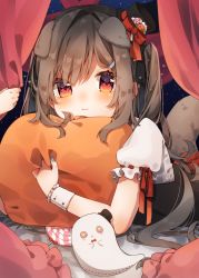 Rule 34 | 1girl, :t, absurdres, animal ears, black bow, black hat, blush, bow, brown hair, candy, closed mouth, commentary, curtains, dog ears, dog girl, dog tail, food, hair bow, hair ornament, hairclip, hat, hat bow, heripiro, highres, lollipop, long hair, looking at viewer, lying, mini hat, mini top hat, on stomach, original, pillow, pout, puffy short sleeves, puffy sleeves, red bow, red eyes, shirt, short sleeves, solo, swirl lollipop, symbol-only commentary, tail, tilted headwear, top hat, two side up, very long hair, white shirt