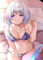 Rule 34 | 1girl, absurdres, azur lane, bed, blue bra, blue panties, bra, breasts, cleavage, cowboy shot, highres, lace, lace-trimmed bra, lace-trimmed panties, lace trim, large breasts, looking at viewer, mole, mole under mouth, on bed, origami aya, panties, pillow, san jacinto (azur lane), string, string of fate, underwear, white hair
