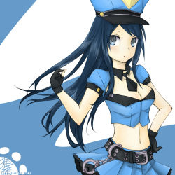 Rule 34 | 10s, 1girl, 2013, blue eyes, breasts, caitlyn (league of legends), cleavage, cuffs, dated, female focus, handcuffs, hat, hinata8281, league of legends, looking at viewer, midriff, navel, officer caitlyn, police, police uniform, policewoman, solo, uniform