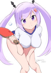 1girl absurdres arrow_hair_ornament ball bent_over between_legs black_bow blue_buruma blush bow breasts buruma gym_uniform hand_between_legs hanging_breasts highres holding kamiya_agari large_breasts long_hair looking_at_viewer masakin purple_eyes purple_hair racket shakunetsu_no_takkyuu_musume shirt simple_background smile solo tennis_ball tennis_racket twintails white_background white_shirt