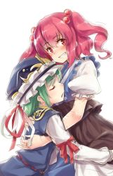 Rule 34 | 2girls, blush, closed eyes, green hair, hair between eyes, hair bobbles, hair ornament, hat, highres, hug, long sleeves, looking at viewer, multiple girls, nose blush, oborofu, onozuka komachi, open mouth, profile, puffy short sleeves, puffy sleeves, red eyes, red hair, shiki eiki, short hair, short sleeves, simple background, smile, touhou, twintails, white background