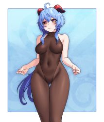 Rule 34 | 1girl, absurdres, ahoge, bare arms, black leotard, black pantyhose, blue hair, blush, bodystocking, bodysuit, breasts, covered navel, ganyu (genshin impact), genshin impact, gluteal fold, groin, highres, horns, kkumboo, legs together, leotard, leotard under clothes, long hair, looking at viewer, medium breasts, nail polish, no gloves, pantyhose, purple eyes, sidelocks, sleeveless, solo, standing, thigh gap, thighs, yellow eyes