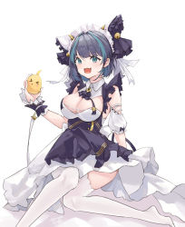Rule 34 | 1girl, absurdres, animal, animal ears, apron, azur lane, breasts, cheshire (azur lane), cleavage, detached sleeves, dress, fake animal ears, fang, foot out of frame, frilled hairband, frilled ribbon, frills, hairband, highres, holding, holding animal, large breasts, long ribbon, looking at viewer, maid headdress, manjuu (azur lane), multicolored hair, puffy detached sleeves, puffy sleeves, purple apron, purple hair, ribbon, shao luo, signature, simple background, skin fang, solo, streaked hair, thighhighs, two-tone hair, white background, white dress, white thighhighs, wrist cuffs