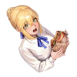Rule 34 | 1girl, ahoge, artoria pendragon (fate), blonde hair, blush, braid, breasts, burger, commentary, cropped torso, dress shirt, dutch angle, eating, fate/stay night, fate (series), food, french braid, green eyes, hair between eyes, hair ribbon, highres, holding, light blush, limart, long sleeves, looking at viewer, medium breasts, neck ribbon, open mouth, ribbon, shirt, simple background, solo, symbol-only commentary, teeth, upper body, white background, white shirt