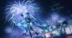 Rule 34 | 1girl, 2024, ^ ^, absurdres, bare shoulders, black skirt, blue hair, blue nails, boots, closed eyes, fireworks, grey shirt, happy new year, hatsune miku, headphones, highres, ji ye fan sheng, musical note, necktie, new year, non-web source, shirt, skirt, sky, tattoo, twintails, vocaloid, water