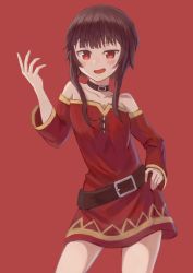 Rule 34 | 1girl, absurdres, arm up, bad id, bad pixiv id, bare legs, bare shoulders, belt, black hair, blush, brown belt, collar, commentary request, detached sleeves, doyagao, dress, half-closed eye, highres, kono subarashii sekai ni shukufuku wo!, looking at viewer, megumin, no nose, open mouth, red background, red dress, red eyes, short hair, short hair with long locks, simple background, smug, solo, yorishiem