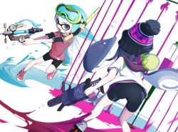Rule 34 | 2girls, aspara, ass, beanie, bike shorts, black hat, blouse, blue hair, blunt bangs, dutch angle, goggles, goggles on head, grey eyes, hat, highres, holding, holding weapon, ink, inkling, inkling girl, inkling player character, kneepits, layered sleeves, long hair, long sleeves, multiple girls, nintendo, open mouth, paint, pointy ears, red shirt, shirt, shoes, short over long sleeves, short sleeves, sneakers, splatoon (series), standing, standing on one leg, weapon, white shirt