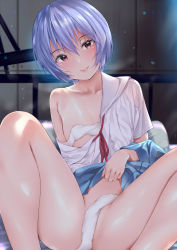 Rule 34 | 1girl, amasora taichi, ayanami rei, bad id, bad pixiv id, bandages, blue hair, blush, bottomless, breasts, cleavage, clothes lift, clothes pull, collared shirt, commentary request, convenient censoring, hair between eyes, indoors, knees up, legs, lifted by self, light purple hair, looking at viewer, m legs, neon genesis evangelion, no bra, no panties, off shoulder, on bed, red eyes, school uniform, shirt, shirt pull, short hair, sitting, skirt, skirt lift, small breasts, smile, solo, spread legs, thighs, white shirt