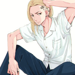 Rule 34 | 1boy, absurdres, arm up, black eyes, blonde hair, blue pants, closed mouth, collared shirt, cowboy shot, earrings, highres, jewelry, long hair, looking at viewer, male focus, meimei (cb mei), pants, ryuuguuji ken, shirt, simple background, sitting, solo, tattoo, tokyo revengers, v-shaped eyebrows, white background, white shirt