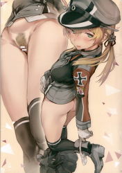 Rule 34 | 10s, 1girl, absurdres, anchor hair ornament, aqua eyes, ass, black legwear, black skirt, blonde hair, blush, boots, bottomless, breasts, censored, clothes pull, cross, female pubic hair, gloves, hair ornament, hat, highres, iron cross, kantai collection, large breasts, leg up, low twintails, microskirt, military, military hat, military uniform, multiple views, naughty face, panties, panties around leg, peaked cap, prinz eugen (kancolle), pubic hair, sabaku no tanuki, scan, skirt, skirt pull, smile, twintails, underwear, uniform, white gloves, white panties
