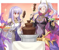 Rule 34 | 2girls, absurdres, aura, betabetamaru, breasts, cheese, chocolate, chocolate fountain, cleavage, corruption, dark aura, dark persona, fake horns, fire emblem, fire emblem: genealogy of the holy war, fire emblem heroes, food, fruit, grey hair, grima (fire emblem), highres, holding, holding skewer, horned headwear, horns, intelligent systems, julia (fire emblem), licking lips, long hair, marshmallow, multiple girls, nintendo, official alternate costume, plate, possessed, possession, purple hair, red eyes, robin (female) (fell tactician) (fire emblem), robin (female) (fire emblem), robin (fire emblem), see-through, see-through cleavage, skewer, smile, strawberry, table, tongue, tongue out, twintails