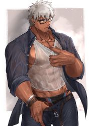 Rule 34 | 1boy, abs, archer (fate), bara, bellsaltr, black male swimwear, black swim briefs, blouse, bracelet, clothes pull, collared shirt, dark-skinned male, dark skin, denim, fate/grand order, fate/stay night, fate (series), glasses, highres, jeans, jewelry, large pectorals, leather, leather belt, male focus, male swimwear, manly, mature male, muscular, muscular male, navel, nipples, open clothes, open mouth, open shirt, pants, pants pull, pectoral cleavage, pectorals, see-through, see-through shirt, shirt, shirt pull, sidepec, solo, spiked hair, swim briefs, swimsuit, swimsuit under clothes, tank top, veins, veiny hands, wet, wet clothes, wet shirt, white hair, yellow eyes