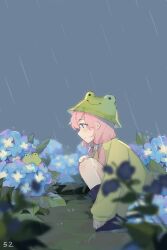 Rule 34 | 1girl, animal ear headwear, animal ears, arknights, black footwear, blue eyes, blue flower, blue poison (arknights), blush, boots, bucket hat, closed mouth, commentary, fake animal ears, flower, frog, from side, green hat, green jacket, hair between eyes, hat, hydrangea, jacket, long hair, low twintails, outdoors, pink hair, profile, rain, rubber boots, ruri (dailybloopy), solo, squatting, twintails