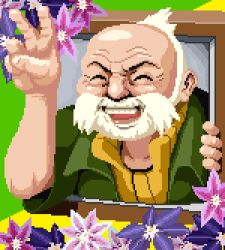 Rule 34 | 1boy, ame (regular badge), clematis (flower), closed eyes, collared shirt, commentary request, creatures (company), facial hair, flower, game freak, green shirt, lowres, male focus, nintendo, old, old man, open mouth, pixel art, pokemon, pokemon oras, shirt, short sleeves, solo, teeth, v, wattson (pokemon), white hair, wrinkled skin