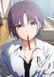 Rule 34 | 1girl, aqua eyes, asakura toru, black necktie, breasts, cleavage, collarbone, collared shirt, ear piercing, earrings, food in mouth, grey hair, highres, idolmaster, idolmaster shiny colors, incoming pocky kiss, jewelry, looking at viewer, medium breasts, misaki nonaka, necktie, parted lips, pen in pocket, piercing, pocky, pocky in mouth, shirt, short hair, single earring, solo, upper body, white shirt