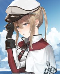 Rule 34 | 1girl, black gloves, blonde hair, capelet, cloud, day, gloves, graf zeppelin (kancolle), hair between eyes, hat, highres, kantai collection, long hair, long sleeves, military, military uniform, open mouth, peaked cap, purple eyes, sha (isago), sidelocks, solo, sweat, twintails, uniform, upper body