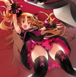 Rule 34 | 1girl, :d, akatsuki uni, armpits, bare shoulders, black gloves, black shirt, black thighhighs, blonde hair, commentary request, fang, from below, gloves, hair between eyes, hair ornament, hairclip, highres, long hair, looking at viewer, looking down, nishiide kengorou, open mouth, parted bangs, partially fingerless gloves, pleated skirt, purple skirt, red background, red eyes, shirt, simple background, skirt, sleeveless, sleeveless shirt, smile, solo, thighhighs, thighs, uni create, very long hair, virtual youtuber, zipper pull tab