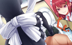 Rule 34 | 1boy, 1girl, apron, earrings, femdom, hair between eyes, hair ornament, hairclip, hand on own hip, head in toilet, headdress, jewelry, loafers, maid, maid apron, maid headdress, original, pantyhose, red eyes, red hair, shoes, short hair, stepped on, swirlie, toilet, trampling, yamamuro momiji