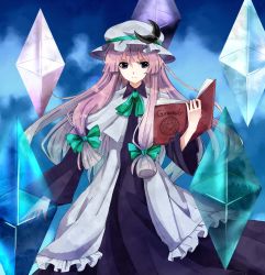 Rule 34 | 1girl, alternate costume, bad id, bad pixiv id, blue eyes, blush, book, bow, crescent, crystal, dress, female focus, hair bow, hat, highres, long hair, long sleeves, ozone (delta minus 1), patchouli knowledge, philosopher&#039;s stone, purple hair, smile, solo, taiki (ozone), touhou