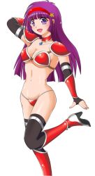 Rule 34 | 1girl, arm behind head, armor, asamiya athena, bikini armor, breasts, cleavage, highres, large breasts, legs, long hair, navel, open mouth, purple eyes, purple hair, smile, snk, solo, the king of fighters, thighs