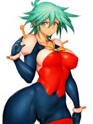 Rule 34 | 1girl, allenby beardsley, bodysuit, breasts, collarbone, covered erect nipples, frown, fumio (rsqkr), g gundam, green eyes, green hair, gundam, hair between eyes, highres, lips, looking at viewer, medium breasts, mobile trace suit, short hair, simple background, solo, standing, sunrise (company), thick thighs, thighs, v-shaped eyebrows, white background, wide hips