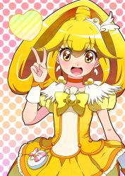 Rule 34 | 10s, 1girl, absurdres, bad id, bad pixiv id, blonde hair, bow, choker, cure peace, dress, earrings, hair flaps, heart, highres, jewelry, kise yayoi, long hair, magical girl, open mouth, polka dot, polka dot background, ponytail, precure, skirt, smile, smile precure!, solo, tiara, v, wrist cuffs, yellow bow, yellow dress, yellow eyes, yellow skirt, yellow theme, yupiteru