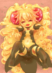 Rule 34 | 1girl, breasts, choker, female focus, golden balm (saga), highres, looking at viewer, lying, monster girl, navel, on back, on ground, outstretched arms, red eyes, romancing saga, saga, slime girl, small breasts, solo, tentai-&gt;kansoku, thighhighs, toeless legwear