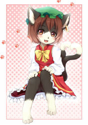 Rule 34 | 1girl, animal ears, animal hands, barefoot, blush, border, bow, bowtie, brown eyes, brown hair, cat ears, cat tail, chen, dress, earrings, fang, feet, furrification, furry, furry female, hat, heart, heart tail, jewelry, jpeg artifacts, kagerofu, looking at viewer, multiple tails, paw print, pawpads, polka dot, polka dot background, red border, shadow, short hair, sitting, solo, tail, toes, touhou, yellow bow