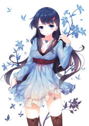 Rule 34 | 1girl, blue eyes, blue hair, blush, bow, breasts, brown thighhighs, caidychen, cleavage, collarbone, cowboy shot, dress, floral print, frilled dress, frills, hair ornament, hairclip, highres, jewelry, long hair, long sleeves, looking at viewer, matching hair/eyes, medium breasts, necklace, original, over-kneehighs, ribbon, short dress, smile, solo, thighhighs, very long hair, white background, zettai ryouiki