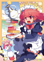 Rule 34 | 2girls, :d, ^ ^, apron, bad id, bad pixiv id, balancing, ball, book, closed eyes, duster, english text, closed eyes, kappougi, maid, maid apron, maid headdress, multiple girls, open mouth, original, pink hair, pointy ears, red eyes, red hair, smile, sparkle, star (symbol), sumaki shungo, sweatdrop, tennis ball, thighhighs, vase