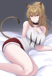 Rule 34 | 1girl, :/, absurdres, animal ear fluff, animal ears, arknights, arm behind back, bare legs, bare shoulders, black choker, blush, breasts, brown hair, brown tail, choker, cleavage, commentary, english commentary, feet out of frame, highres, kanta (kanta 077), large breasts, lion girl, long hair, looking at viewer, lying, mouth hold, on bed, on side, ponytail, red shorts, short shorts, shorts, sidelocks, siege (arknights), solo, tail raised, tank top, thick thighs, thighs, white tank top