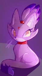 Rule 34 | 1girl, animal, animal ears, animalization, blaze the cat, cat, cat ears, cat tail, collar, eyelashes, forehead jewel, looking to the side, ponytail, purple background, purple fur, red collar, simple background, sitting, sonic (series), sonicaimblu19, tail, two-tone fur, yellow eyes