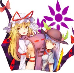 Rule 34 | 2girls, antinomy of common flowers, blonde hair, blue hair, bow, bowtie, breasts, commentary request, gap (touhou), hand fan, hat, hat ribbon, highres, hinanawi tenshi, large breasts, long hair, looking at viewer, mob cap, multiple girls, no bra, one eye closed, red bow, red eyes, red neckwear, red ribbon, ribbon, satou rin (gobugabuge), sideboob, small breasts, smile, tabard, touhou, white background, white hat, yakumo yukari, yellow eyes