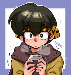Rule 34 | 1boy, bandana, coffee cup, cold, cup, disposable cup, hair between eyes, hibiki ryouga, holding, male focus, ranma 1/2, red nose, scarf, snot, solo, wanta (futoshi), yellow bandana