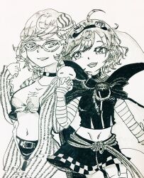 Rule 34 | 2girls, :d, arm at side, belt, breasts, checkered clothes, checkered skirt, choker, cowboy shot, crop top, garter straps, glasses, goggles, goggles on head, grin, hand up, hands up, hat, highres, holding hands, jacket, kazari jun, long hair, long sleeves, looking at another, magia record: mahou shoujo madoka magica gaiden, mahou shoujo madoka magica, medium breasts, midriff, mini hat, miniskirt, miwa mitsune, multiple girls, mystical high collar, navel, open mouth, partially unzipped, short hair, skirt, small breasts, smile, strapless, striped clothes, striped jacket, stuffed squid, swept bangs, teeth, traditional media, tube top, underboob, upper teeth only, vertical-striped clothes, vertical-striped jacket, vertical-striped sleeves, wand, wavy hair
