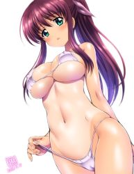 Rule 34 | 1girl, :o, bare shoulders, bikini, bikini pull, blush, bow, breasts, cameltoe, cleavage, clothes pull, commentary request, covered erect nipples, cowboy shot, dated, frontal wedgie, green eyes, hair between eyes, hair bow, kamogawa tanuki, large breasts, long hair, looking at viewer, micro bikini, navel, one-piece tan, open mouth, original, ponytail, red hair, shiny skin, simple background, skindentation, solo, standing, swimsuit, tan, tanline, underboob, wedgie, white background, white bikini