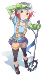 Rule 34 | 1girl, arm up, boots, brown eyes, elbow gloves, full body, gloves, gradient hair, highres, leggings, looking at viewer, machikado, multicolored hair, pascal (tales), pascal (tales), pouch, red hair, scarf, shadow, shirt, short hair, shorts, simple background, smile, solo, staff, standing, suspenders, tales of (series), tales of graces, teeth, white hair