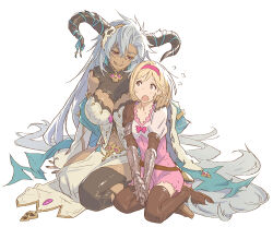 Rule 34 | 2girls, black horns, black nails, blonde hair, boots, breasts, brown eyes, commentary, dark-skinned female, dark skin, djeeta (granblue fantasy), dress, fediel (granblue fantasy), gauntlets, granblue fantasy, grey hair, hair ornament, hairband, half-closed eyes, hand on another&#039;s shoulder, horns, large breasts, long hair, looking at another, matsuo yuusuke, multiple girls, navel, open mouth, pink dress, short hair, simple background, single thighhigh, sitting, skull hair ornament, smile, thigh boots, thighhighs, very long hair, white background, yokozuwari