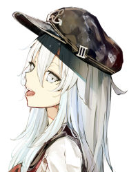 Rule 34 | 10s, 1girl, anchor symbol, black hat, from side, grey eyes, hair between eyes, hat, hibiki (kancolle), highres, kantai collection, long hair, looking at viewer, open mouth, shirt, silver hair, simple background, sketch, solo, somalisu, upper body, visor cap, white background, white shirt