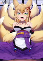 Rule 34 | 1girl, aged up, animal ear fluff, animal ears, arms behind back, bare shoulders, blonde hair, blush, breasts, chest tattoo, commentary request, fangs, female focus, fox ears, fox girl, fox tail, green eyes, highres, japanese clothes, kitsune, lo xueming, long hair, looking at viewer, mon-musu quest!, monster girl, multiple tails, open mouth, paid reward available, patreon logo, patreon username, pleated skirt, saliva, sash, skirt, small breasts, smile, solo, tail, tamamo (mon-musu quest!), tassel, tattoo, tongue, uvula
