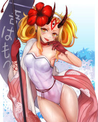 Rule 34 | 1girl, :p, absurdres, arm up, armpits, banner, bare shoulders, black nails, blonde hair, blue background, breasts, casual one-piece swimsuit, cleavage, collarbone, commentary request, cowboy shot, earrings, facial mark, fate/grand order, fate (series), finger to mouth, fingernails, floral background, flower, forehead mark, hair flower, hair ornament, hairband, head, head tilt, hibiscus, highres, holding, horns, ibaraki douji (fate), japanese clothes, jewelry, kimono, long fingernails, long hair, medium breasts, nail polish, one-piece swimsuit, oni, oni horns, open clothes, open kimono, parted lips, pink kimono, pointy ears, red flower, sidelocks, smile, solo, strapless, strapless one-piece swimsuit, striped clothes, striped kimono, swimsuit, thigh gap, thighs, tongue, tongue out, translation request, twintails, water, wet, white hairband, white one-piece swimsuit, yellow eyes, ytoy