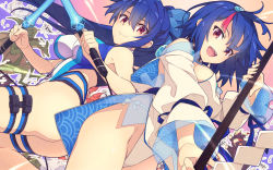 Rule 34 | 2girls, ass, bare shoulders, blue bow, blue hair, blue one-piece swimsuit, blue ribbon, blush, bow, breasts, closed mouth, collarbone, commission, cosplay, dress, dual wielding, energy sword, fate/grand order, fate/requiem, fate (series), fundoshi, hair between eyes, hair bow, highleg, highleg swimsuit, highres, holding, japanese clothes, jewelry, large breasts, long hair, long sleeves, looking at viewer, magatama, magatama hair ornament, magatama necklace, multicolored hair, multiple girls, necklace, one-piece swimsuit, open mouth, original, pelvic curtain, pink hair, polearm, ponytail, puffy long sleeves, puffy sleeves, red eyes, ribbon, saipaco, seigaiha, short dress, short hair, siblings, sideboob, sideless outfit, skeb commission, smile, spear, streaked hair, swimsuit, sword, thigh strap, thighs, tomoe gozen (fate), tomoe gozen (swimsuit saber) (fate), tomoe gozen (swimsuit saber) (fate) (cosplay), twins, two-tone swimsuit, utsumi erice, utsumi erise, utsumi erise (cosplay), weapon, white dress, white one-piece swimsuit