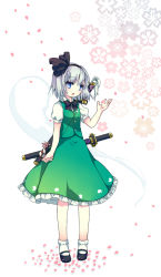 Rule 34 | 1girl, blue eyes, bobby socks, bow, bowtie, cherry blossoms, enone, female focus, floral background, ghost, hairband, katana, konpaku youmu, konpaku youmu (ghost), mary janes, open mouth, outstretched hand, petals, shoes, short hair, silver hair, socks, solo, standing, sword, touhou, weapon, white socks