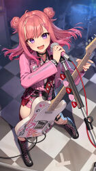 Rule 34 | 1girl, :d, absurdres, ahoge, asymmetrical legwear, audio cable, black choker, black footwear, blurry, blurry background, blush, boots, cable, checkered floor, choker, cross-laced footwear, double bun, electric guitar, fishnet pantyhose, fishnets, from above, guitar, hair bun, haruka mikoto, highres, holding, holding microphone, instrument, jacket, kaito (k4itoh), looking at viewer, medium hair, microphone, microphone cord, microphone stand, mismatched legwear, multicolored hair, music, open clothes, open jacket, open mouth, pantyhose, pink hair, pink jacket, plectrum, purple eyes, singing, single fishnet legwear, single thighhigh, smile, solo, standing, streaked hair, thighhighs, two-tone hair, utagoe housoubu, virtual youtuber, white hair