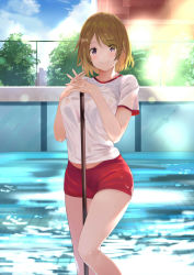 Rule 34 | 1girl, bare legs, blush, breasts, brown hair, bunbun (midukikome), closed mouth, day, eyes visible through hair, feet out of frame, gym shirt, gym shorts, gym uniform, hair over one eye, highres, holding, koizumi hanayo, large breasts, looking at viewer, love live!, outdoors, pool, purple eyes, red shorts, see-through, shirt, short hair, short shorts, short sleeves, shorts, smile, solo, standing, sunlight, water, wet, wet clothes, wet shirt