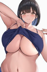 Rule 34 | 1girl, absurdres, areola slip, arm up, armpits, black hair, blue shirt, blunt bangs, blush, bob cut, bowl cut, breasts, brown eyes, cleavage, closed mouth, clothes lift, crop top, embarrassed, facing viewer, hand on own shoulder, highres, huge breasts, lifted by self, looking at viewer, midriff, navel, neneneji, no bra, original, plump, shirt, shirt lift, short hair, simple background, sleeveless, sleeveless shirt, solo, stomach, sweatdrop, tank top, underboob, upper body, white background
