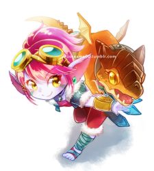Rule 34 | 1girl, artist name, dragon, dragon tamer tristana, dragon trainer tristana, earrings, feet, fur trim, gauntlets, goggles, goggles on head, jewelry, league of legends, mizoreame, necklace, pink hair, pointy ears, short hair, smile, solo, toes, tristana, yellow eyes, yordle