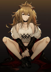 Rule 34 | 1girl, animal ears, arknights, bare legs, bare shoulders, black background, black choker, black footwear, black jacket, boots, breasts, brown background, brown eyes, brown hair, choker, cleavage, collarbone, commentary, female focus, fur-trimmed jacket, fur trim, gradient background, hair between eyes, highres, indian style, jacket, large breasts, lion ears, long hair, long sleeves, looking at viewer, midriff, mouth hold, nekosama shugyouchuu, off shoulder, open clothes, open jacket, siege (arknights), sitting, solo, tank top, thighs, white tank top