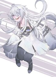Rule 34 | 1girl, ahoge, bandage over one eye, black pantyhose, detached sleeves, dress, fang, grey dress, grey eyes, grey hair, grey sleeves, hair intakes, hair ornament, hairclip, haisongshiwu, happy, highres, long hair, no.21: xxi (punishing: gray raven), open mouth, pantyhose, punishing: gray raven, sidelocks, sleeves past fingers, sleeves past wrists, solo, suspenders, unitard, unkempt, very long hair